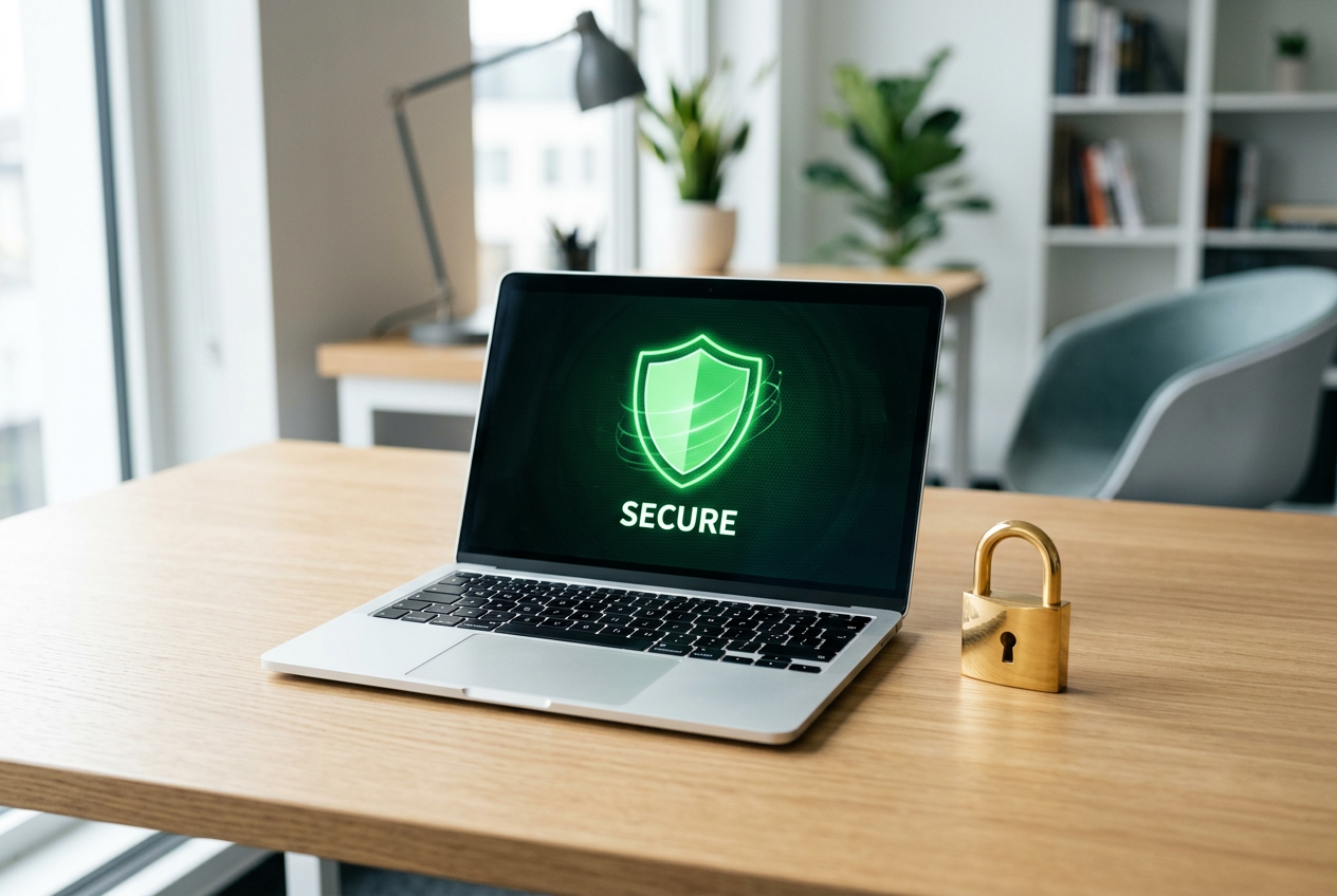 A digital security shield and padlock.